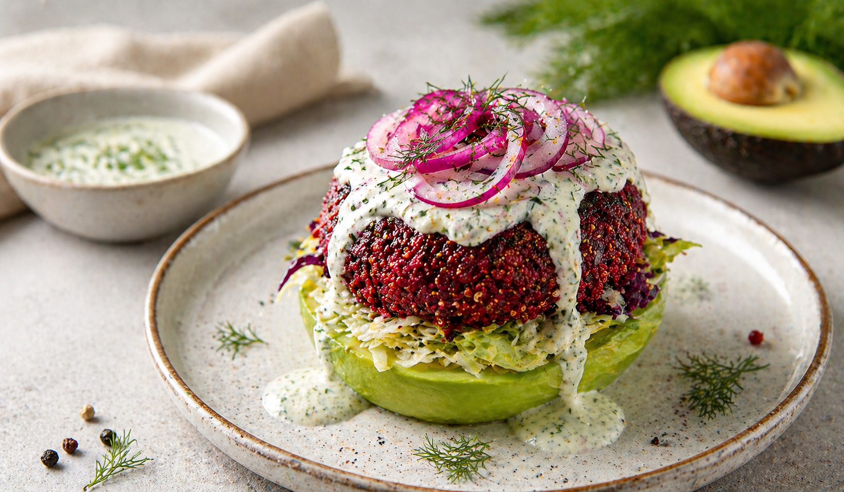 Cékla quinoa fasírt avokádón, friss zöldségekkel és krémes öntettel