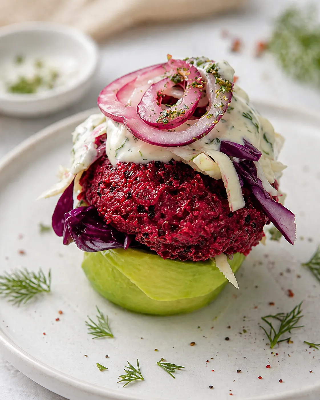 Cékla–quinoa fasírt tormás öntettel és lila hagymával