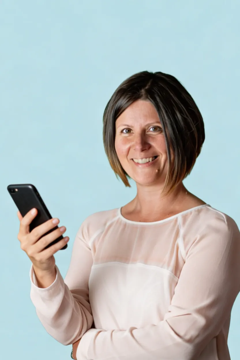 Bicsok Éva mobiltelefonnal a kezében