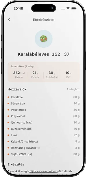 A NaturForma alkalmazás receptoldala tápértékadatokkal