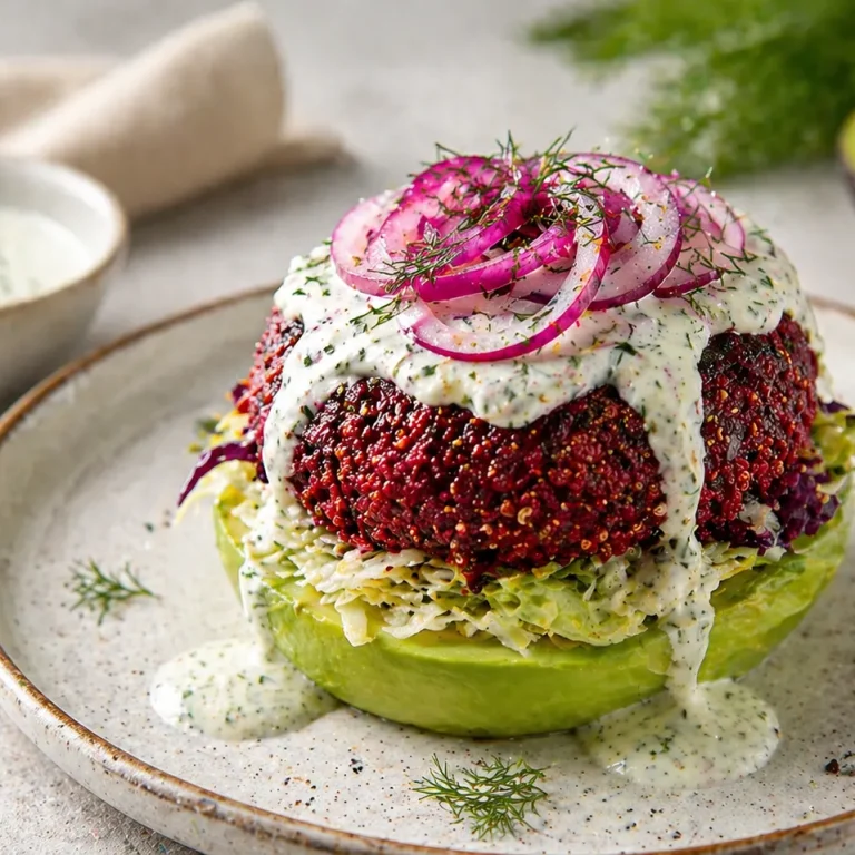 Cékla quinoa fasírt avokádón, friss zöldségekkel és krémes öntettel